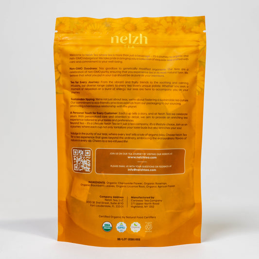 The back of the Nelzh Tea Organic Chamomile Apricot Dream Delight pouch, with a list of ingredients including organic chamomile, organic licorice root, and organic apricot flavor.