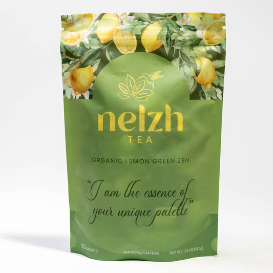 Nelzh Tea Organic Lemon Green Zen, a pouch of 20 tea sachets with 14-25mg of caffeine.