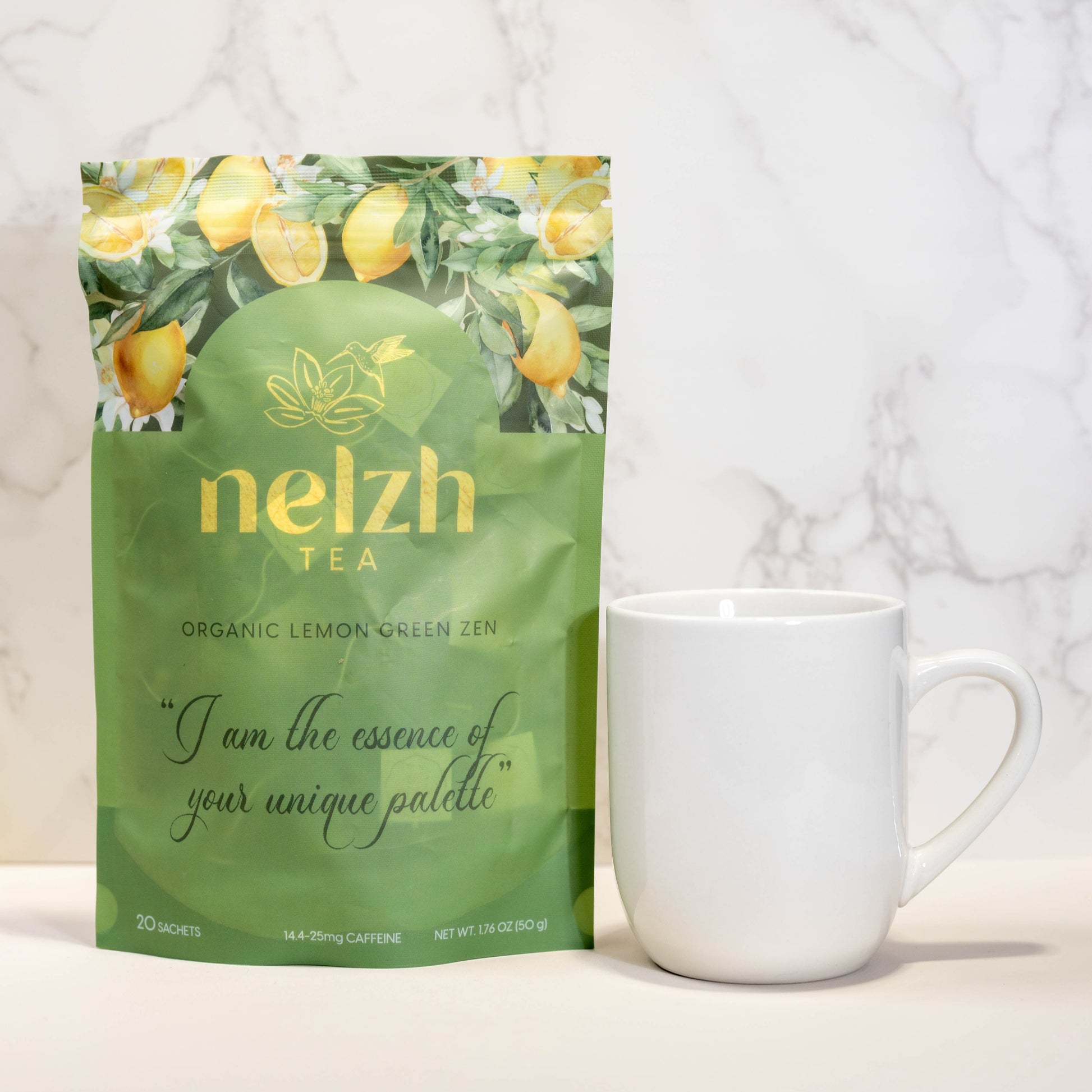 Nelzh Tea Organic Lemon Green Zen, a pouch of 20 tea sachets with 14-25mg of caffeine.