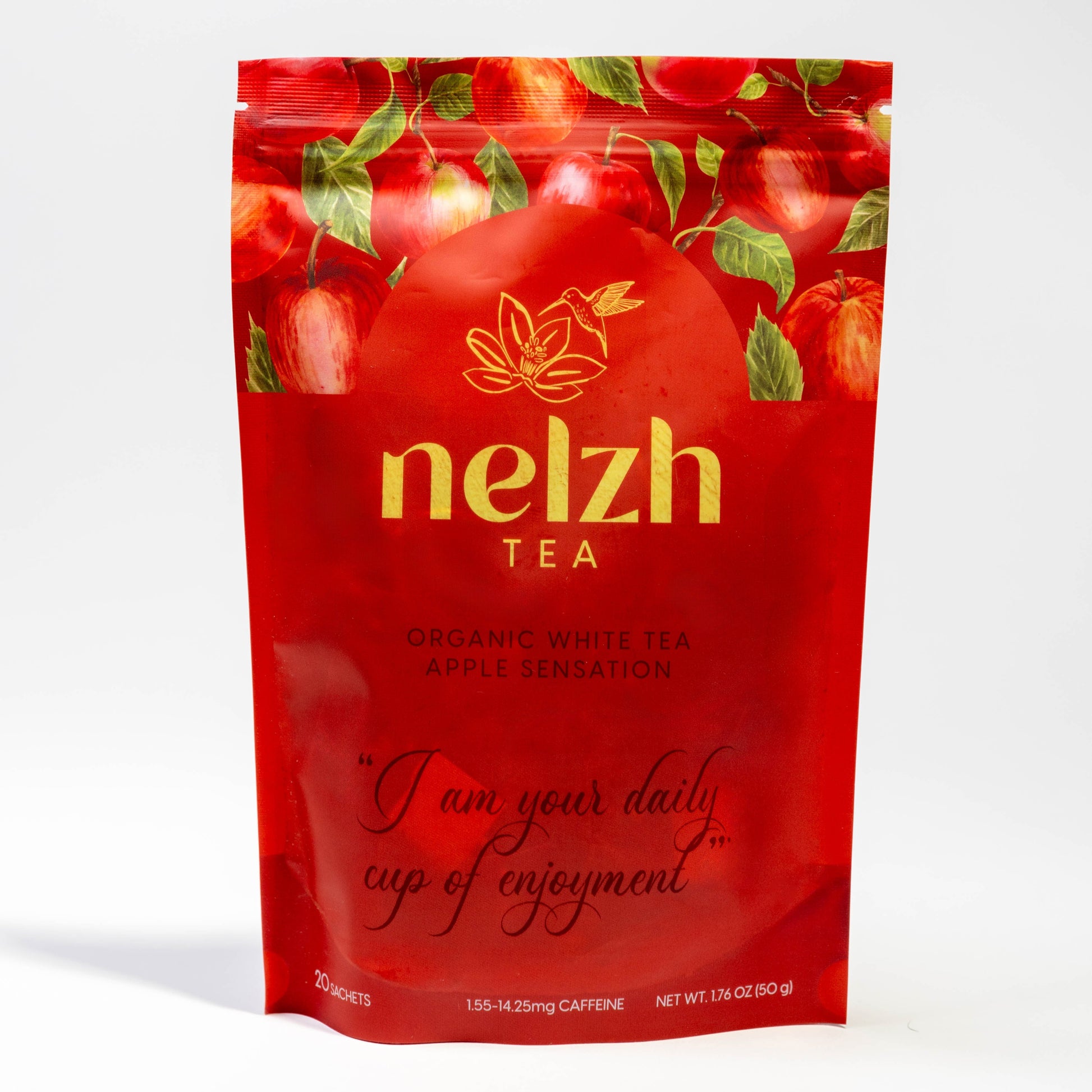 Nelzh Tea Organic White Tea, Apple Sensation, in a sealed bag containing 20 sachets of naturally flavored white tea.