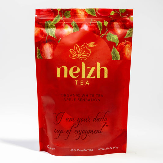 Nelzh Tea Organic White Tea, Apple Sensation, in a sealed bag containing 20 sachets of naturally flavored white tea.